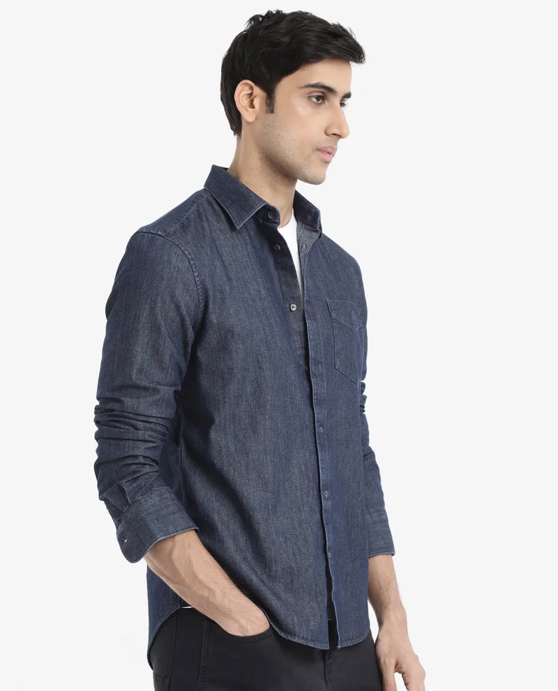 Rare Rabbit Men's Dark Wash Denim Shirt With Embroidered Logo