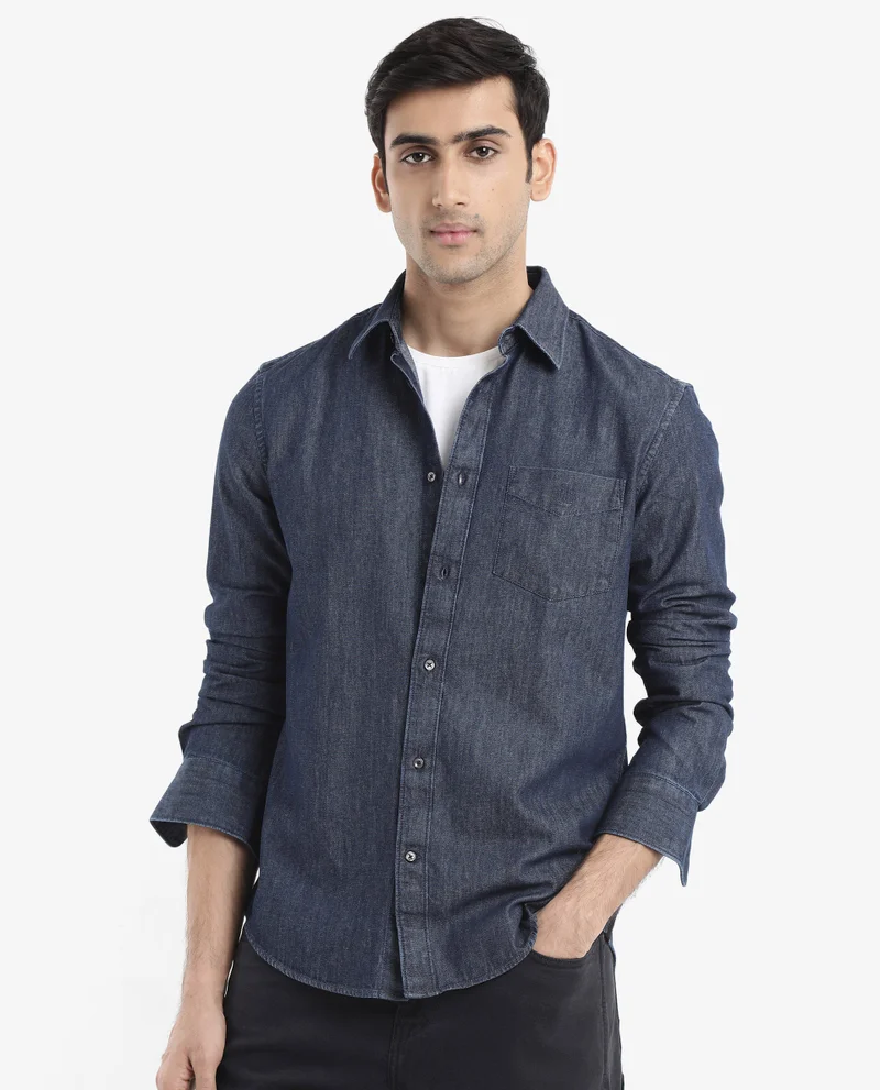 Rare Rabbit Men's Dark Wash Denim Shirt With Embroidered Logo