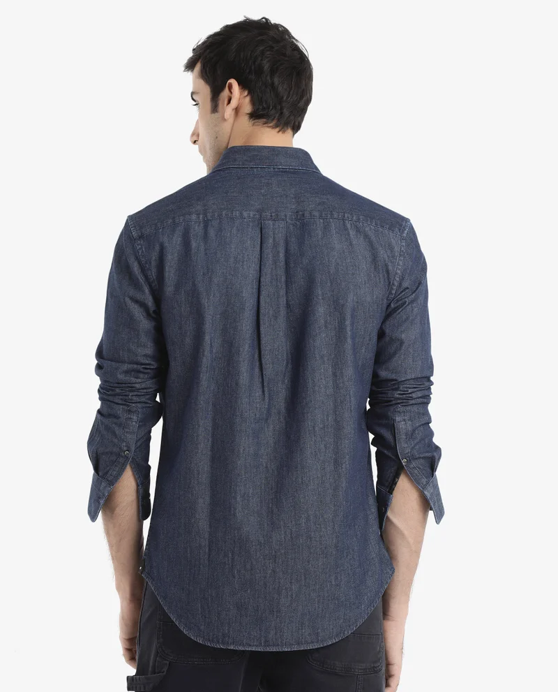 Rare Rabbit Men's Dark Wash Denim Shirt With Embroidered Logo