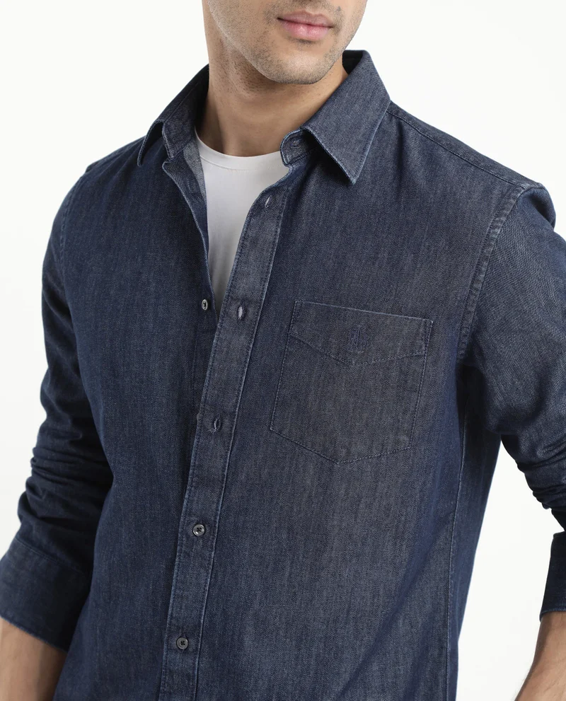 Rare Rabbit Men's Dark Wash Denim Shirt With Embroidered Logo