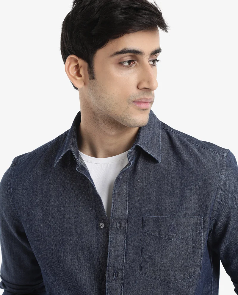 Rare Rabbit Men's Dark Wash Denim Shirt With Embroidered Logo
