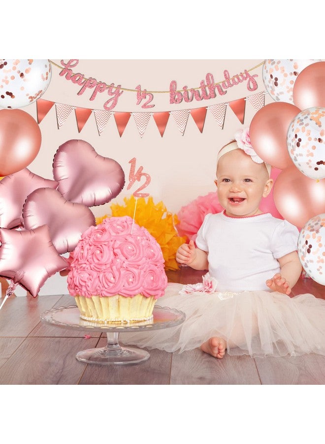 Zhanmai 31 Pcs Pink Half Birthday Party Decor Girl 1/2 Birthday Decorations 6 Months Pink Baby Cute Banner Set Glitter Half Crown Hat Balloons Cake Topper Triangle Flag Banner Bow Tie - Image 5