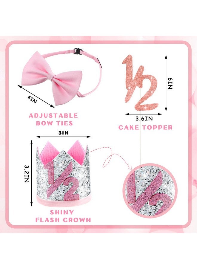 Zhanmai 31 Pcs Pink Half Birthday Party Decor Girl 1/2 Birthday Decorations 6 Months Pink Baby Cute Banner Set Glitter Half Crown Hat Balloons Cake Topper Triangle Flag Banner Bow Tie - Image 3