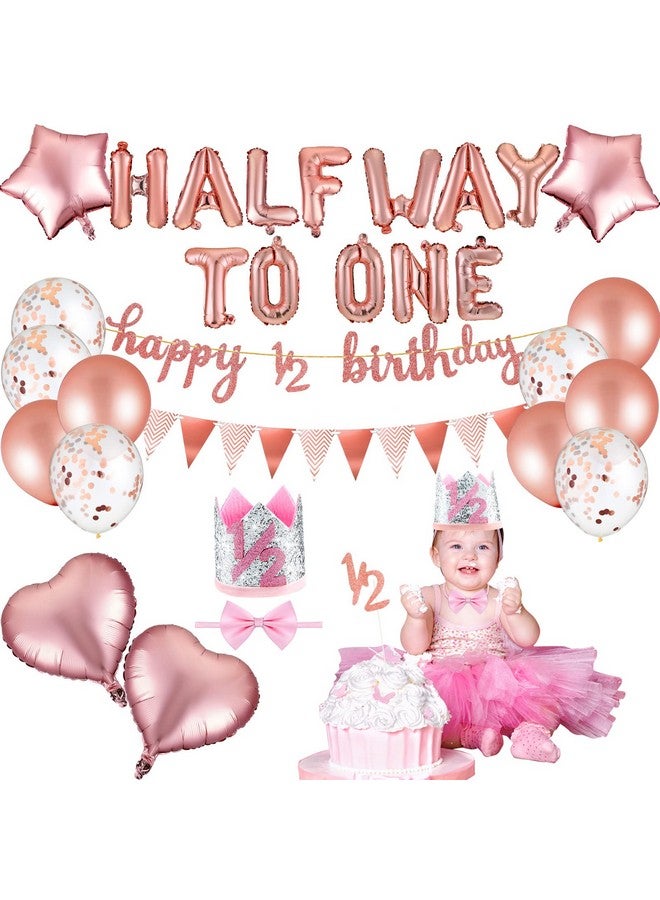 Zhanmai 31 Pcs Pink Half Birthday Party Decor Girl 1/2 Birthday Decorations 6 Months Pink Baby Cute Banner Set Glitter Half Crown Hat Balloons Cake Topper Triangle Flag Banner Bow Tie - Image 1