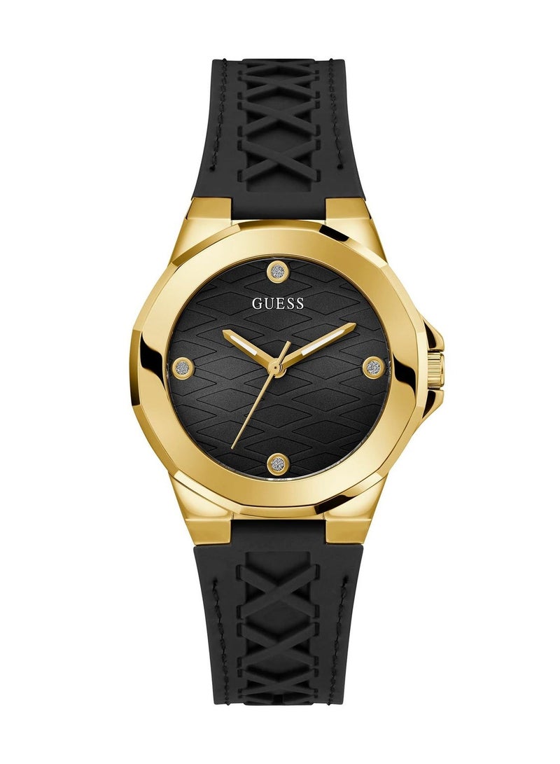 GUESS Women's Gold Tone Case Quartz Watch – Black Dial & Silicone Strap (GW0599L2) - Image 1