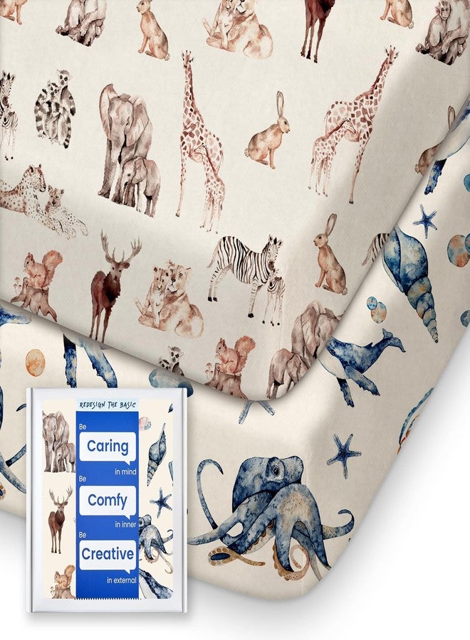 TOTBASIC Graco Pack and Play Fitted Sheets - 2 Pack Mini Crib Sheets, Hypoallergenic and Soothing, Premium Jersey Fabric, Safari Sea Animals Pattern - Image 1