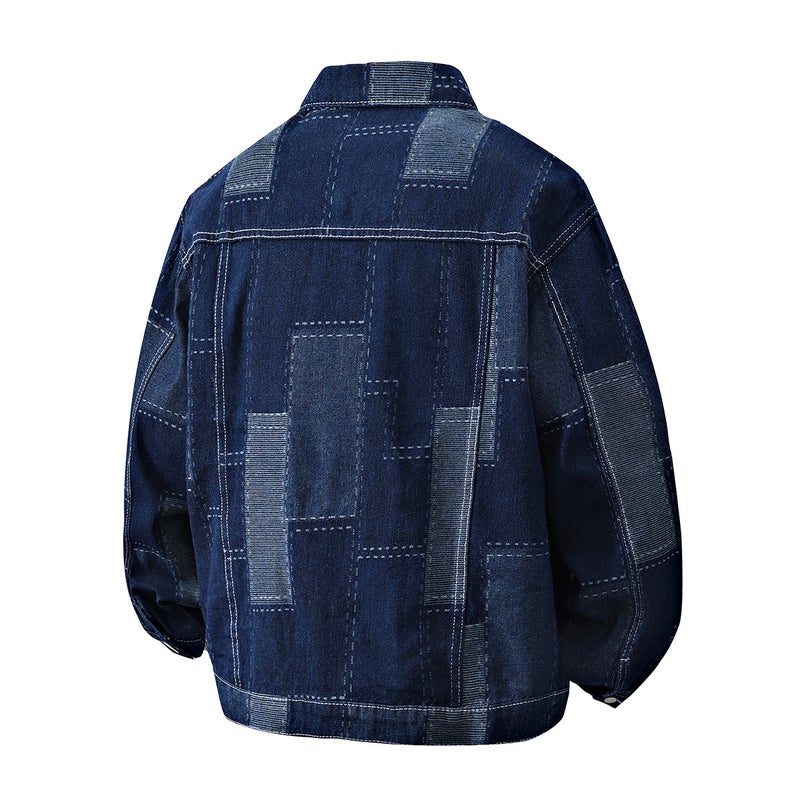 Men's Japanese Retro Patchwork Denim Jacket - Turn-down Collar Raglan Sleeve - Image 4