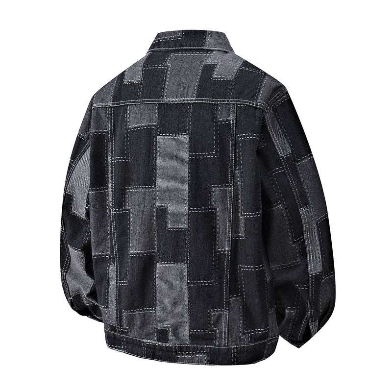 Men's Japanese Retro Patchwork Denim Jacket - Turn-down Collar Raglan Sleeve - Image 3