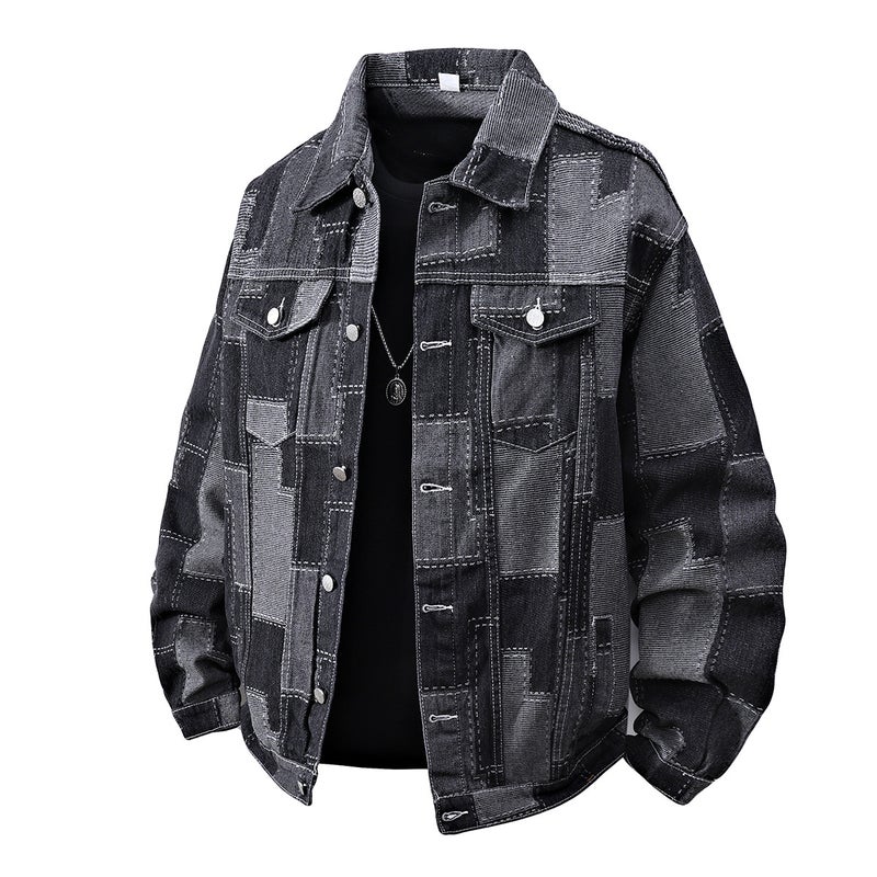 Men's Japanese Retro Patchwork Denim Jacket - Turn-down Collar Raglan Sleeve - Image 5