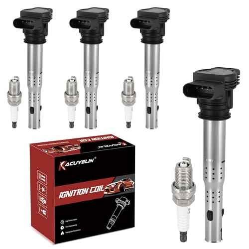 KacuYelin UF575 Ignition Coil Pack and Iridium Spark Plugs Set of 4 Compatible with Audi A3 A4 A5 Q3 Q5 RS4 Volkswagen Beetle Jetta Golf Seat Altea Leon 2004-2018 2.0L 4.2L Replaces#UF529,C1627, XP3922 - Image 1