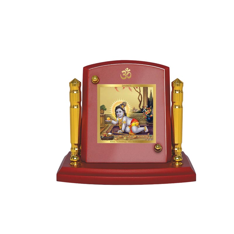 DIVINITI Laddu Gopal ji Idol Photo Frame for Car Dashboard Table DecorMDF 1B wooden Frame and 24K Gold Plated Foil and Engraved Pillars of BrassIdol for Pooja Gifts Items 7x 9CM - Image 1