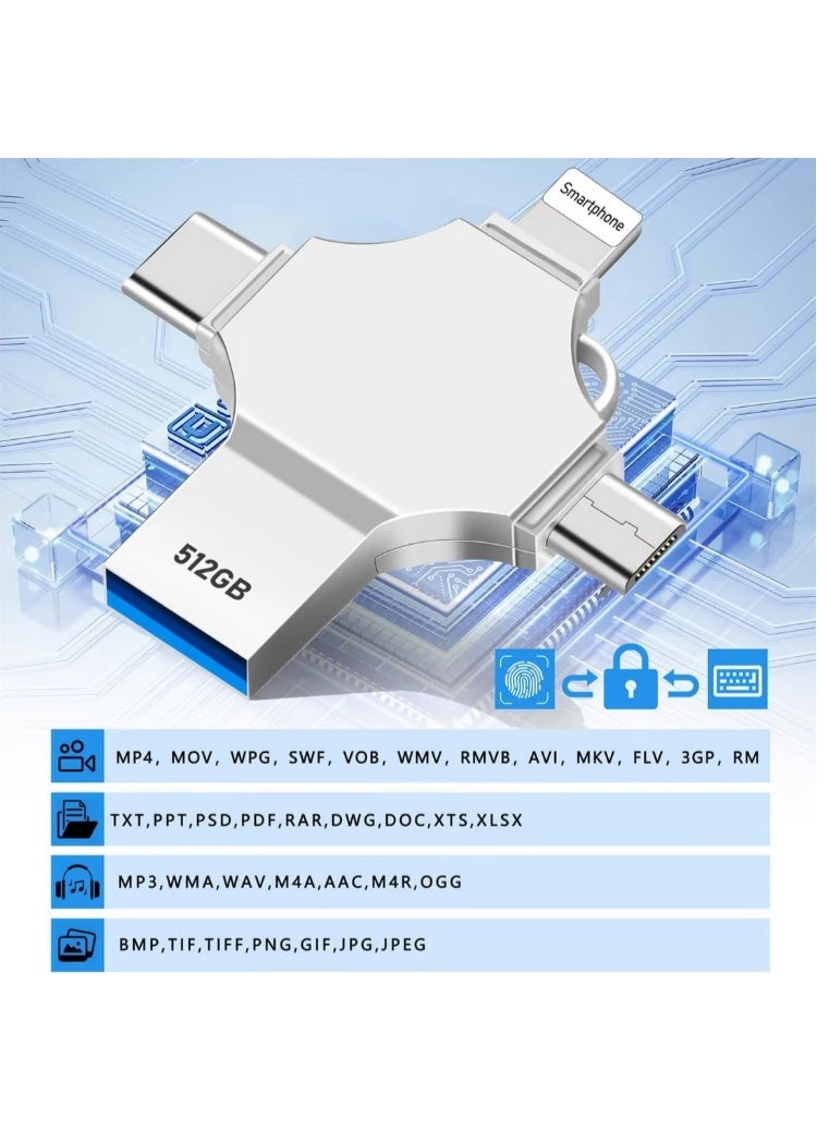 فلاش درايف محرك أقراص فلاش عالي السرعة 4 في 1 للتخزين المزدوج لأنظمة iOS و Type-C و Micro USB و USB للكمبيوتر، 512 جيجابايت - Image 4