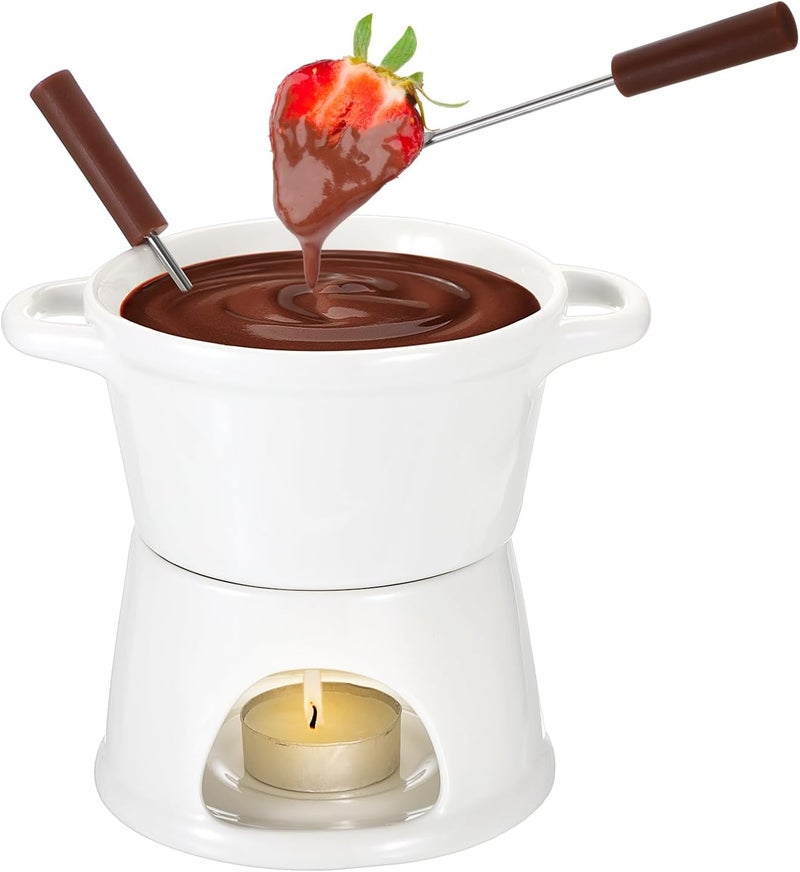 BSTKEY 300ML Ceramic Butter Warmer Set with 2 Forks, White Fondue Pot Melting Pot Set, Melt Hot Pot Bowl Set for Cheese Chocolate Butter Caramel - Image 1