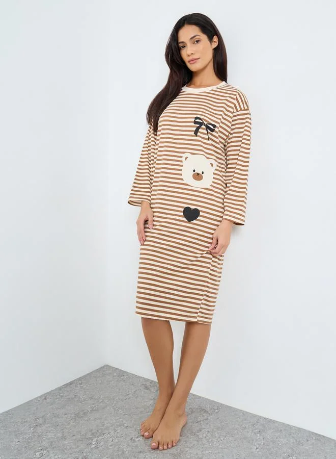 Take Two Take Two Striped Bear Print Long Sleeve Nightdress