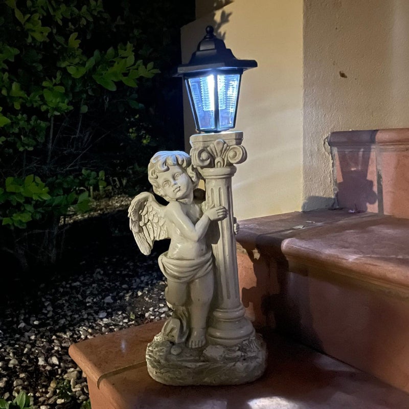 ALOAK Angel Statue with Solar Lights Left 197 Inch Outdoor Solar Angel Garden Statue with Roma Pillar for Garden Lawn Deocr Christian Religious Gift