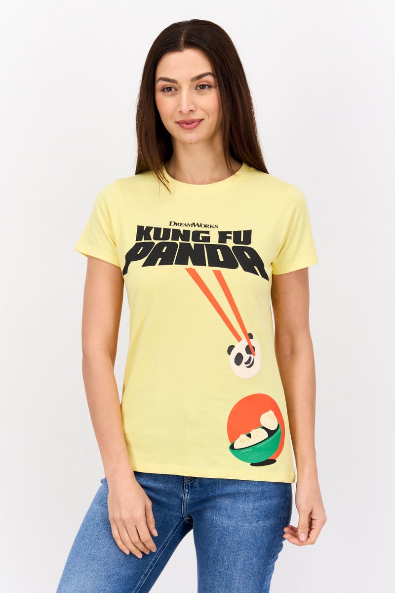 Kung Fu Panda Women Round Neck Short Sleeves Graphic Print T-Shirt, Yellow - Image 1