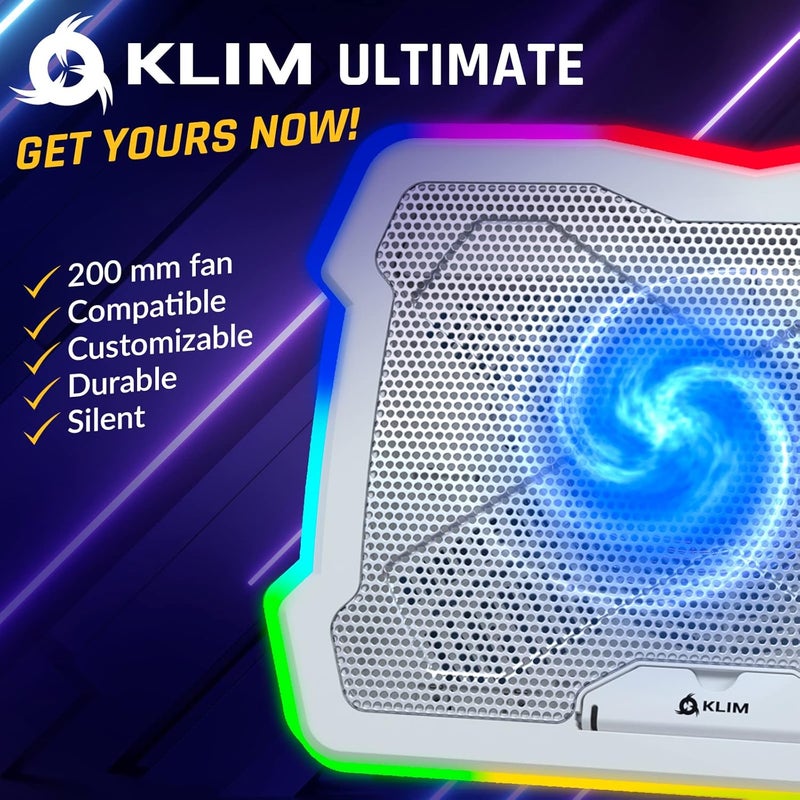 KLIM Ultimate + RGB Laptop Cooling Pad with LED Rim + New + Gaming Laptop Cooler + USB Powered Fan + Very Stable and Silent Laptop Stand + Compatible up to 17" + PC Mac PS5 PS4 Xbox One - White - Image 3