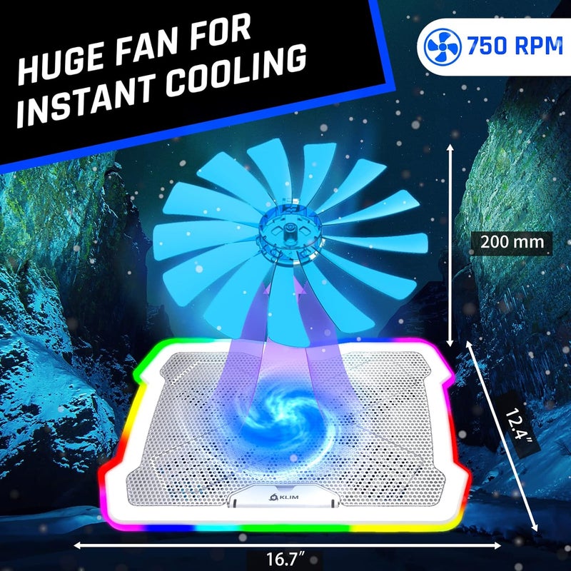 KLIM Ultimate + RGB Laptop Cooling Pad with LED Rim + New + Gaming Laptop Cooler + USB Powered Fan + Very Stable and Silent Laptop Stand + Compatible up to 17" + PC Mac PS5 PS4 Xbox One - White - Image 4