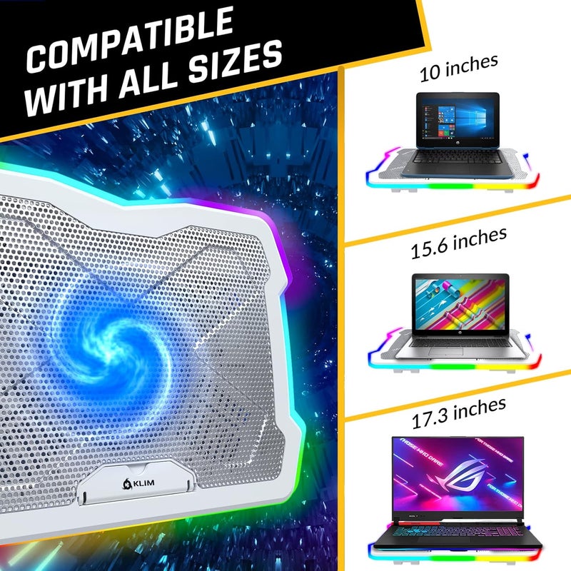 KLIM Ultimate + RGB Laptop Cooling Pad with LED Rim + New + Gaming Laptop Cooler + USB Powered Fan + Very Stable and Silent Laptop Stand + Compatible up to 17" + PC Mac PS5 PS4 Xbox One - White - Image 5