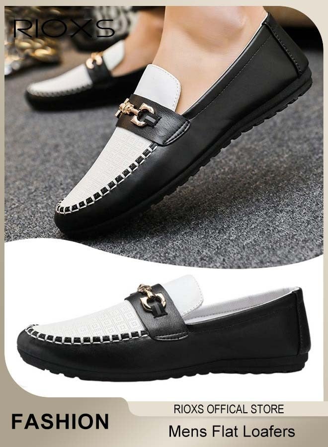 RIOXS Flat Loafers For Men,Casual Loafers,Slip On Flat Shoes,PU Leather Shoes,Mens Comfy Loafers For Office Outdoor,Breathable Boat Shoes,Lightweight Driving Shoes,Non-slip Walking Shoes  - Image 2