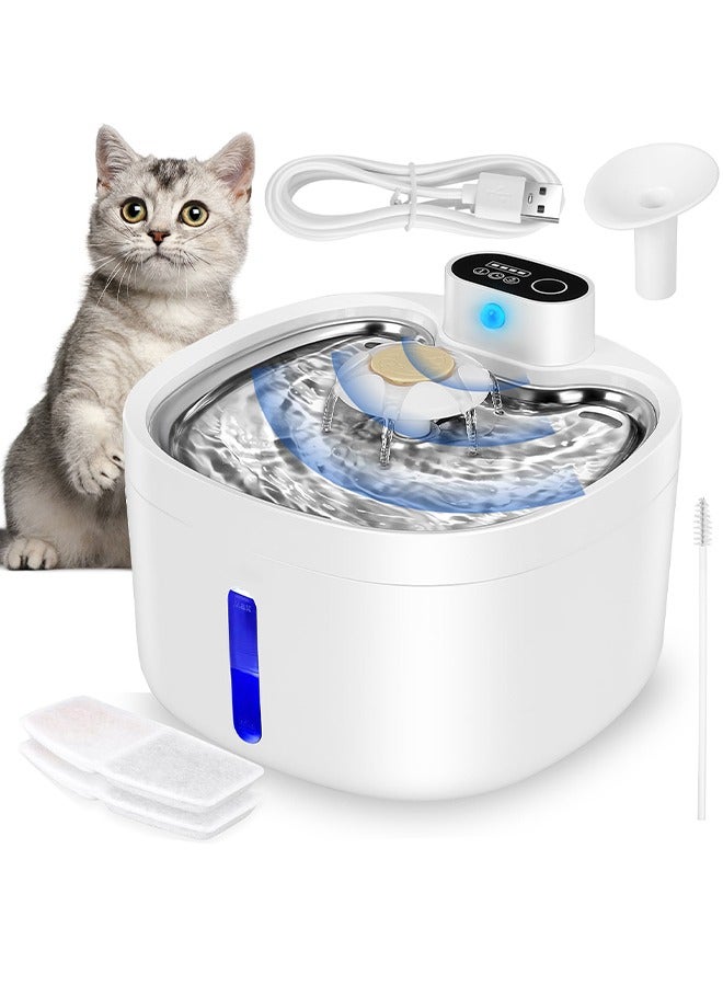 Cat Water Fountain Battery Operated 2.6L 4000mAh Ultra Quiet Cat Fountain with Stainless Steel Tray Automatic Water Dispenser for Cats and Dog 3 Modes Smart LED Light Indicator