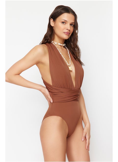 Brown Deep Low-cut Draped Hipster Swimsuit TBESS21MA0041