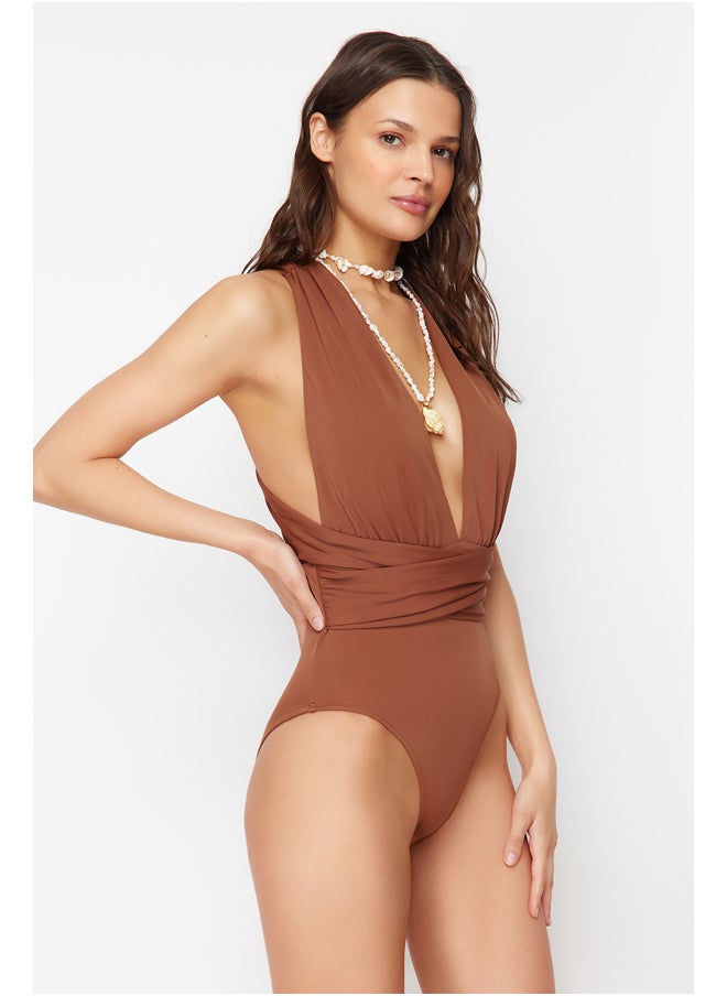 Brown Deep Low-cut Draped Hipster Swimsuit TBESS21MA0041