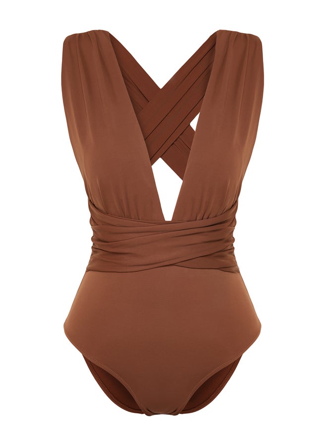 Brown Deep Low-cut Draped Hipster Swimsuit TBESS21MA0041