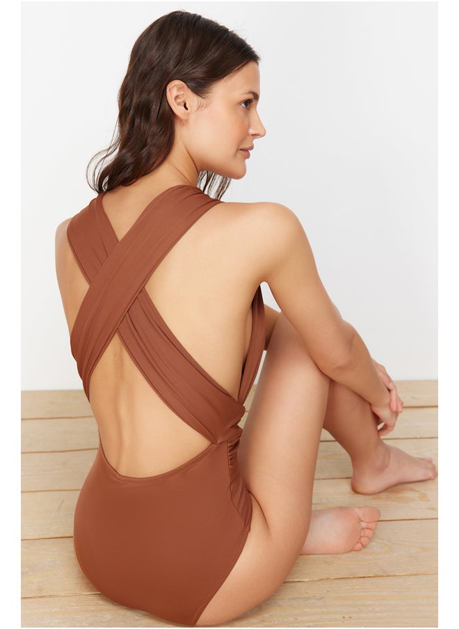 Brown Deep Low-cut Draped Hipster Swimsuit TBESS21MA0041
