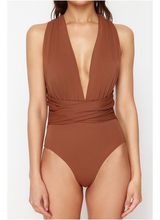 Brown Deep Low-cut Draped Hipster Swimsuit TBESS21MA0041