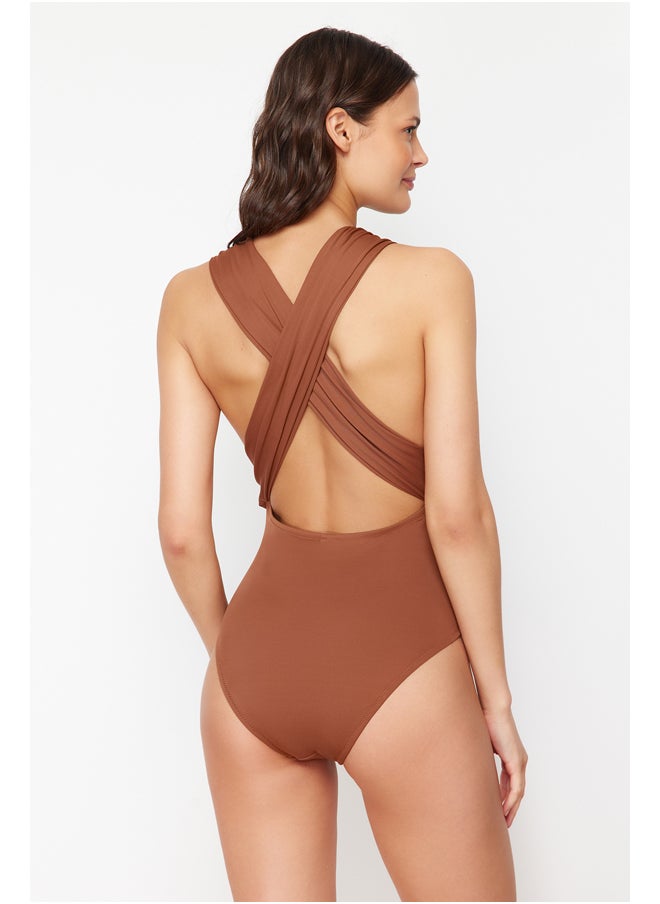 Brown Deep Low-cut Draped Hipster Swimsuit TBESS21MA0041