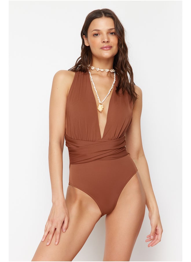 Brown Deep Low-cut Draped Hipster Swimsuit TBESS21MA0041