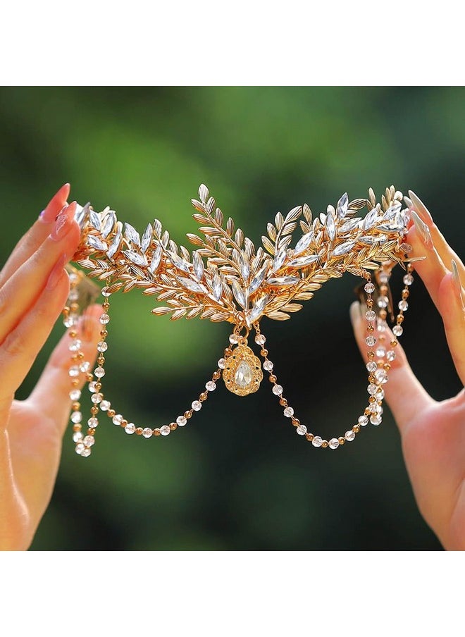 Unicra Gold Leaf Bride Wedding Headband Sparkly Crystal Bridal Hair Piece Rhinestone Hair Accessories For Women And Girls (Gold)  - Image 1