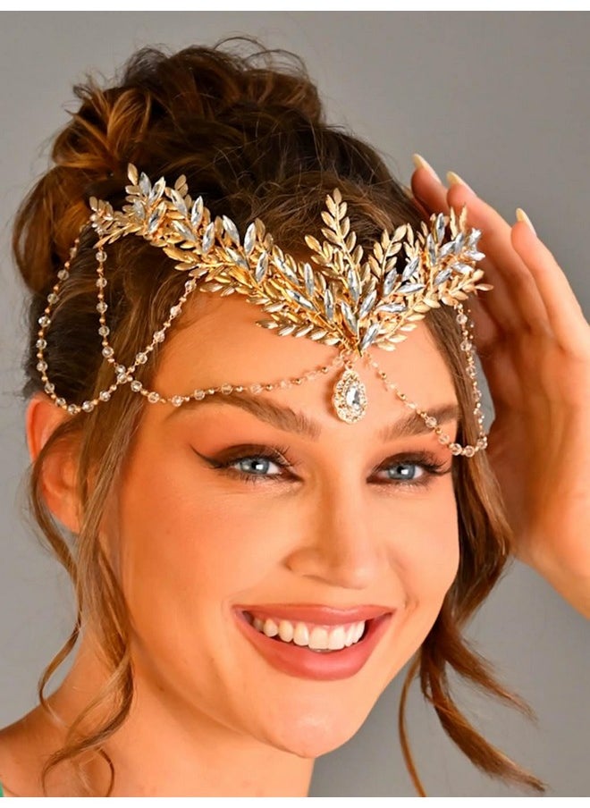 Unicra Gold Leaf Bride Wedding Headband Sparkly Crystal Bridal Hair Piece Rhinestone Hair Accessories For Women And Girls (Gold)  - Image 2