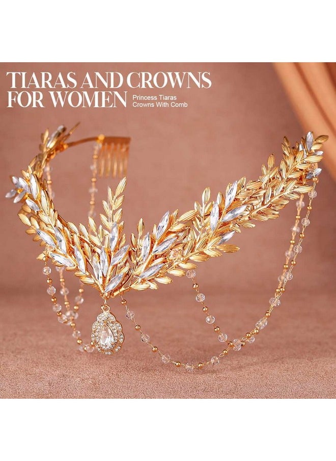 Unicra Gold Leaf Bride Wedding Headband Sparkly Crystal Bridal Hair Piece Rhinestone Hair Accessories For Women And Girls (Gold)  - Image 3