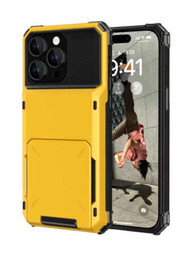 GULFLINK Full Protection Shockproof Case Casing Card Holder Case Dual Layer Hard Case For iPhone 15 Pro Yellow