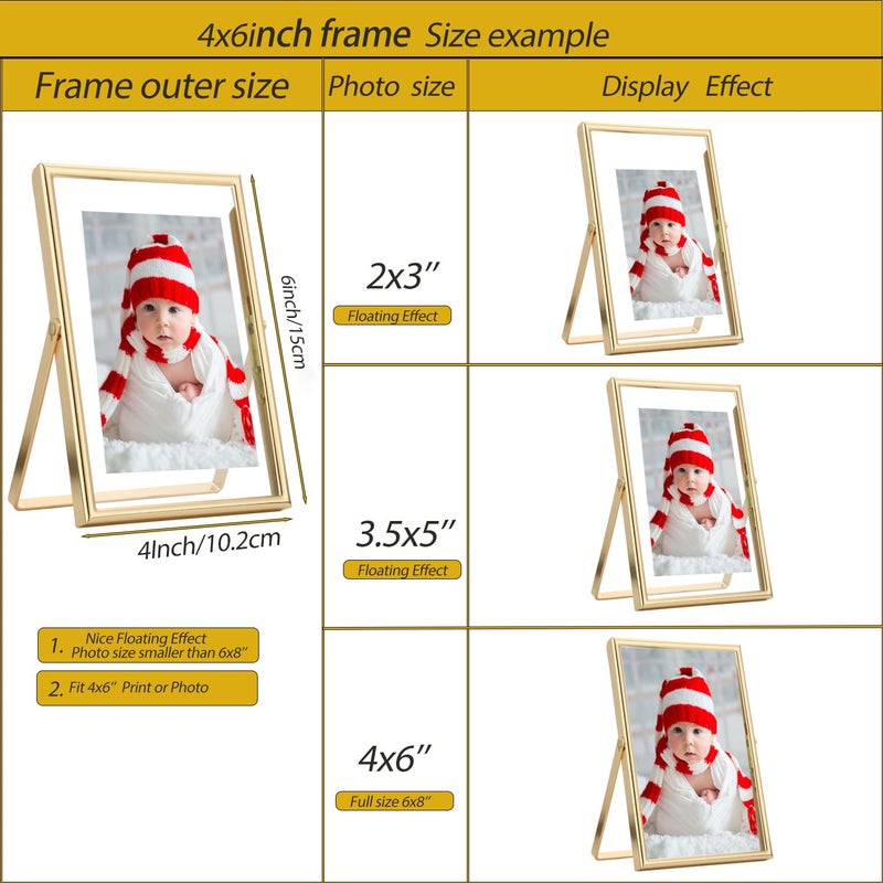 GorYeeFine Gold 4x6 Floating Frame 2pack for picture(2x3'',3.5x5''),Adjustable Tabletop/Shelf floating Photo Frame 2x3'',Classy Metal Gift Frames for Wedding,Christmas,Birthady,Home or Office Decor. - Image 2