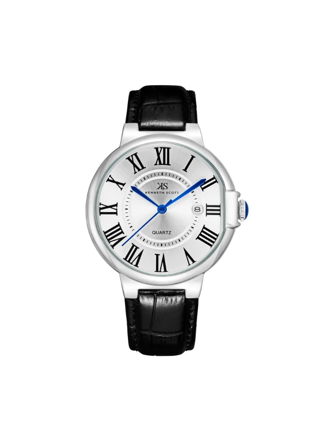 KENNETH SCOTT Men's Analog Display Watch With Black Genuine Leather  Strap - K23053-SLBW