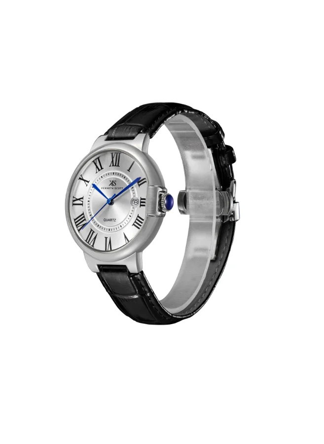 KENNETH SCOTT Men's Analog Display Watch With Black Genuine Leather  Strap - K23053-SLBW