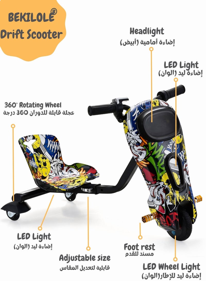 BEKILOLE Drifting Scooter 3 Wheel Electric Scooter - 3 Driving Modes- Bluetooth- Lights - Speed Up to 15KM/h - Blue - Image 2