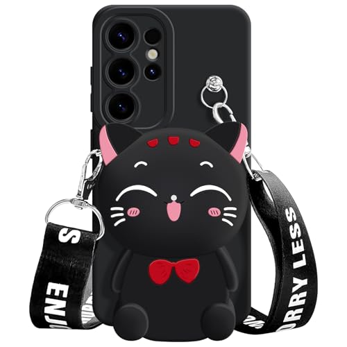 SGVAHY for Samsung Galaxy S25 Ultra Case, Cute Black Lucky Cat Coin Purse Fancy Phone Case for Women Girls with Crossbody Strap Kawaii Soft Silicone Cover for Galaxy S25 Ultra - Image 1