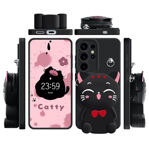 SGVAHY for Samsung Galaxy S25 Ultra Case, Cute Black Lucky Cat Coin Purse Fancy Phone Case for Women Girls with Crossbody Strap Kawaii Soft Silicone Cover for Galaxy S25 Ultra - Image 3