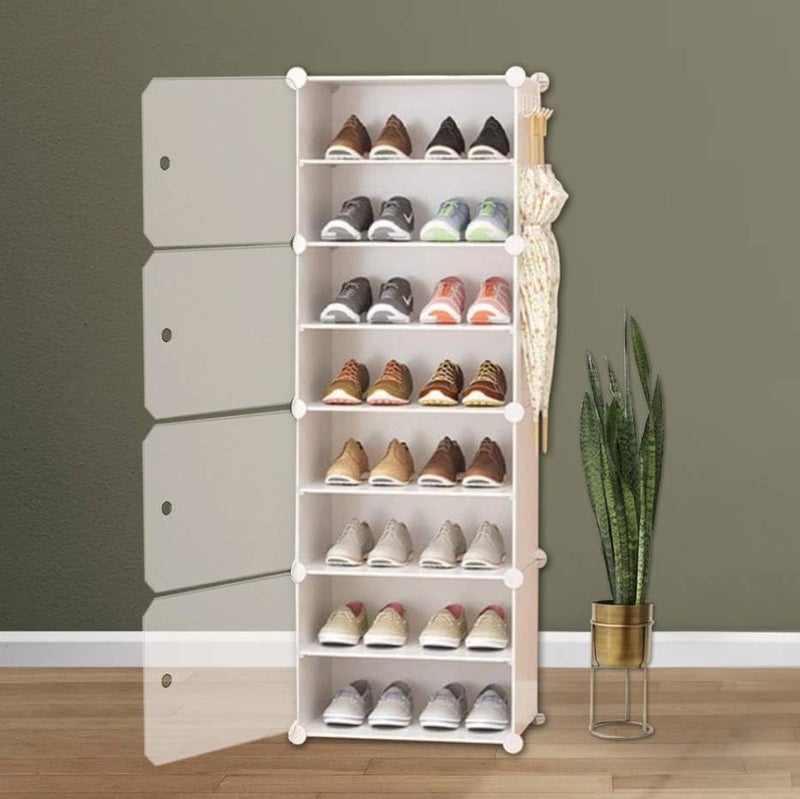 LiveCool Shoe Rack Plastic, 8-Layer Shoes Rack for Home Plastic, Closed Shoe Rack with Door&Metal Hook, Soft PP Plastic Shoe Stand Organiser Sneakers/Heels/Slippers on Bedroom Entryway,White (SR-W8) - Image 1
