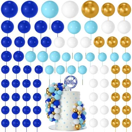 NACHLYNN 80 Pcs Cake Balls Decorations Mini Balloon Cake Topper Balls Foam Cupcake Toppers Balls for Cake Decorating Birthday Parties Weddings Anniversary Blue White Gold Series - Image 1