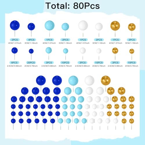 NACHLYNN 80 Pcs Cake Balls Decorations Mini Balloon Cake Topper Balls Foam Cupcake Toppers Balls for Cake Decorating Birthday Parties Weddings Anniversary Blue White Gold Series - Image 5