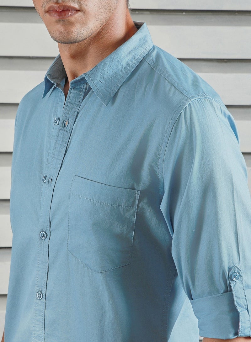 HIGH STAR Classic Spread Collar Roll-Up Sleeves Cotton Casual Shirt for Men - Image 3