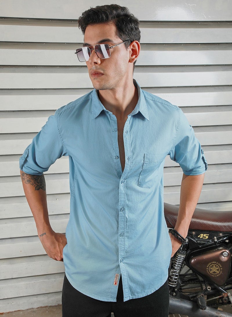HIGH STAR Classic Spread Collar Roll-Up Sleeves Cotton Casual Shirt for Men - Image 5