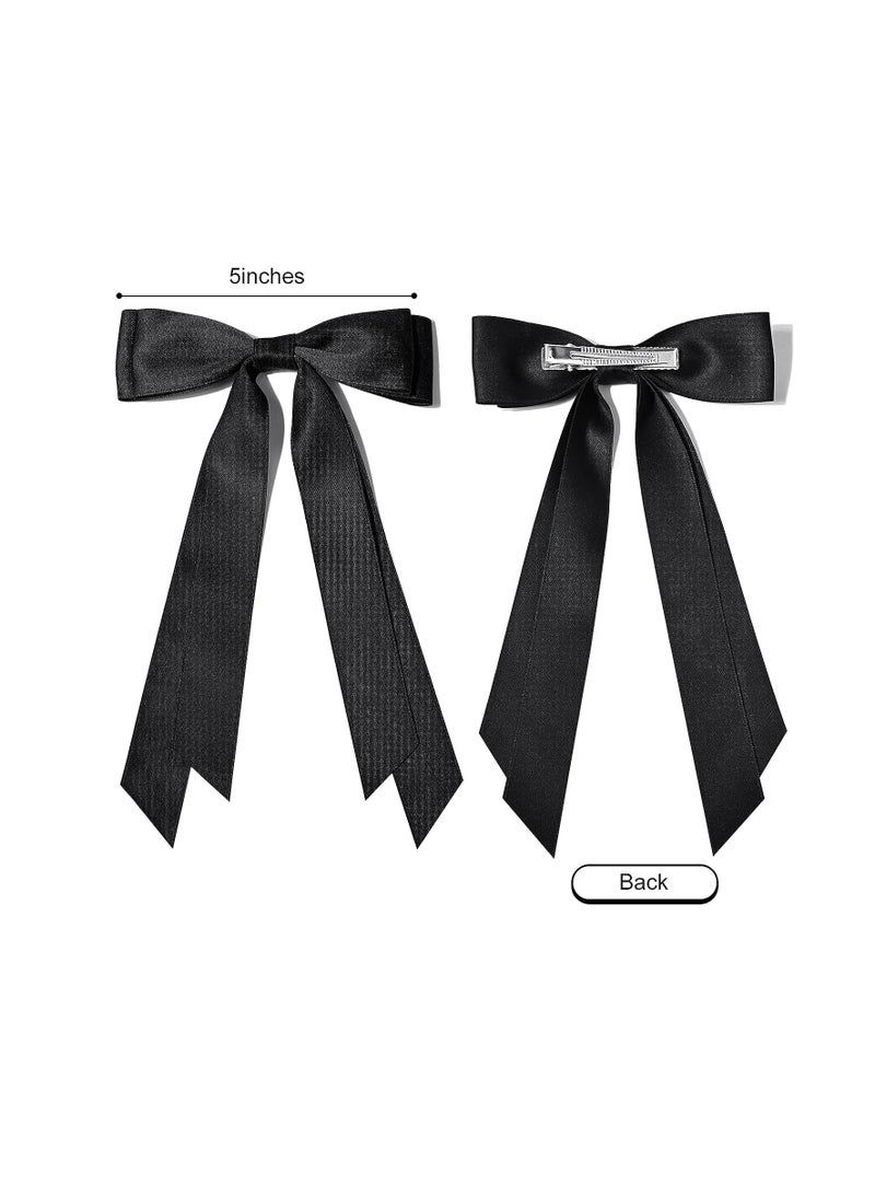 Aileam 2PCS Silky Satin Hair Bows Hair Clip Black White Hair Ribbon Ponytail Holder Accessories Slides Metal Clips Hair Bow for Women Girls Toddlers Teens Kids - Image 3
