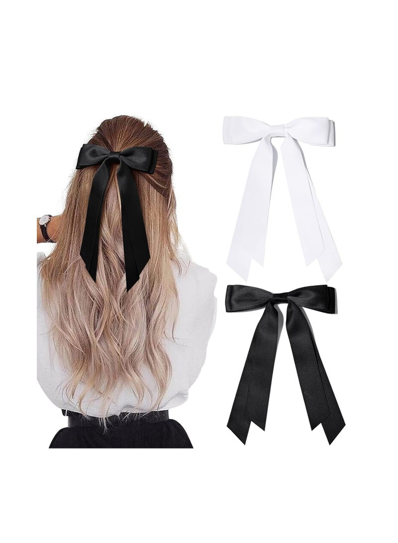 Aileam 2PCS Silky Satin Hair Bows Hair Clip Black White Hair Ribbon Ponytail Holder Accessories Slides Metal Clips Hair Bow for Women Girls Toddlers Teens Kids - Image 1