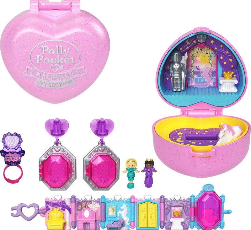 Polly Pocket مجموعة بولي بوكيت الجامعية مع دميتين، مجموعة مجوهرات حفلة الملكية، لعبة قابلة للجمع بموضوع قلعة اليونيكورن - Image 1